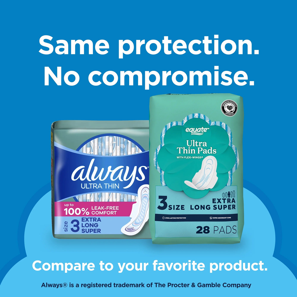 Equate Ultra Thin Pads with Wings, Size 3, Extra Long Super Absorbency, Compare