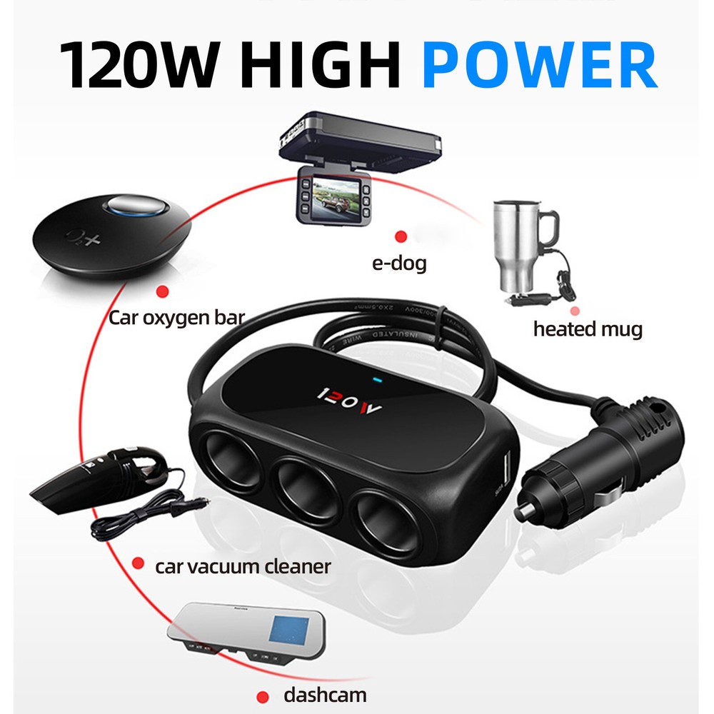 Dual USB Car Cigarette Lighter Charger 3 Way Socket Splitter DC 12/24 V Adapter
