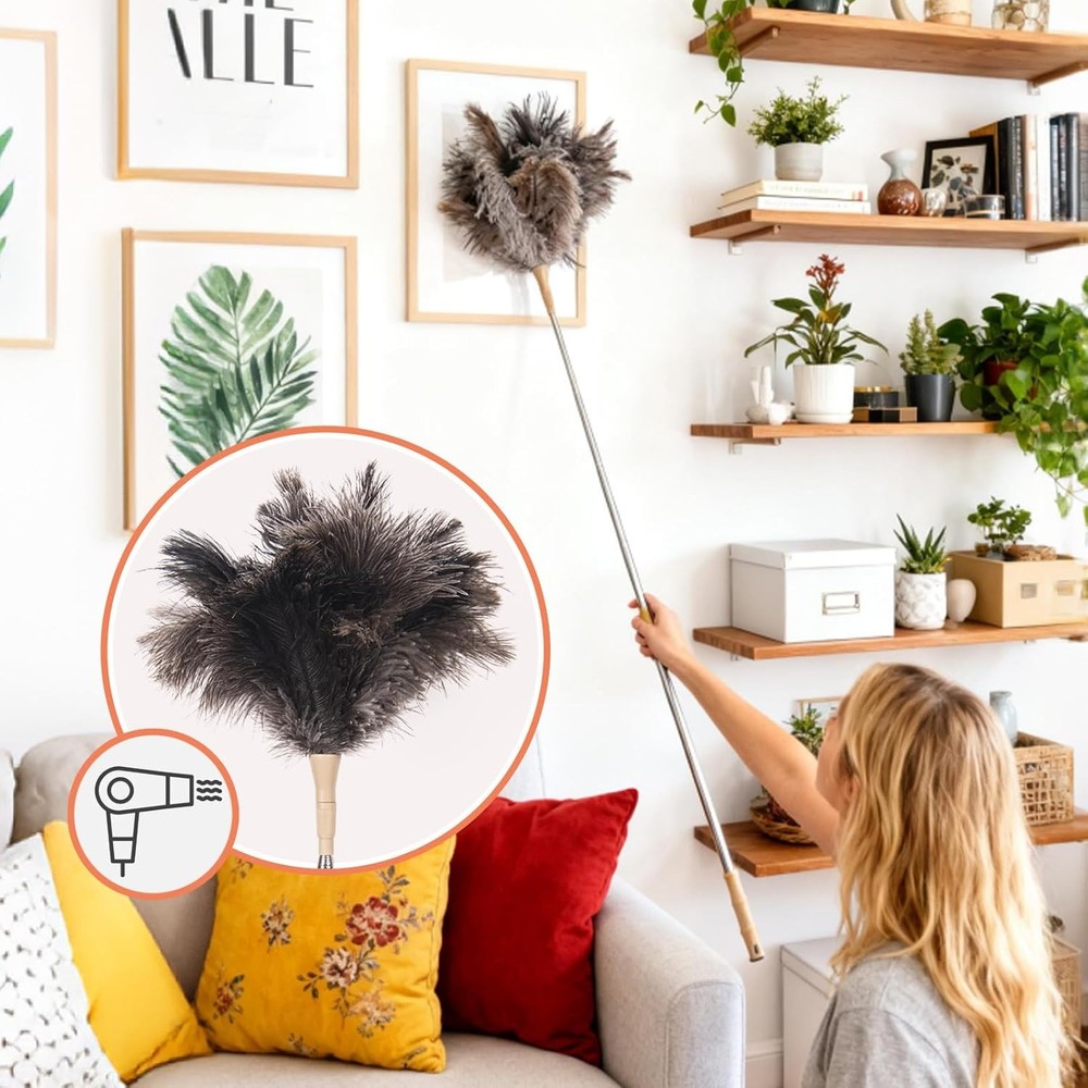 Extendable Ostrich Feather Duster 47" Long Handle Soft Reusable Cleaning Tool.