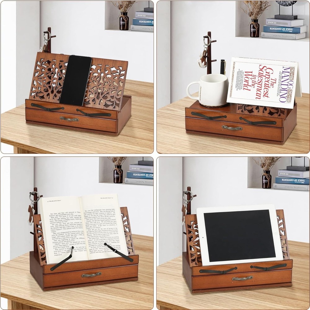 Adjustable Wooden Book Stand with Storage - Multi-Function Hands Free Brown