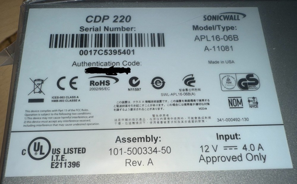 SonicWALL CDP-220 APL16-06B Continuous Data Protection Security Backup Unit