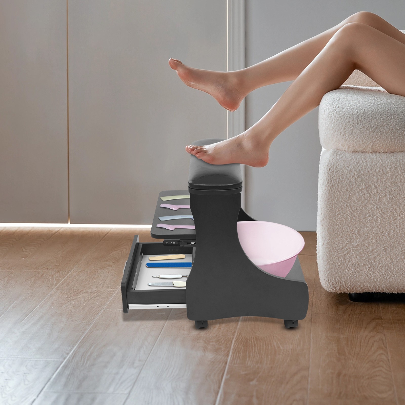 Pedicure Foot Rest 3-Tier Storage Swivel Wheels for Salon Nail Care FootRest