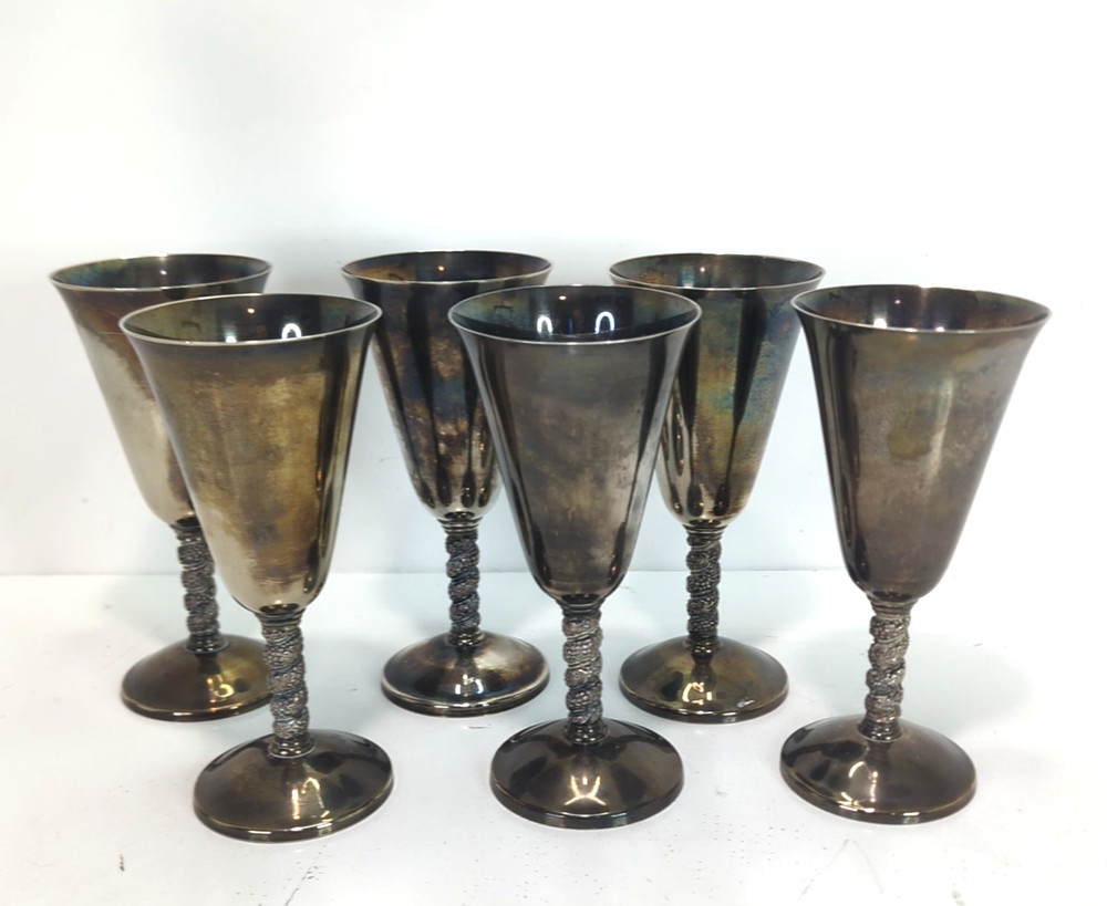 Vintage 6 Silver Plated Roma S.L. Spain Madrid 7-1/8” Height Wine Goblets Used