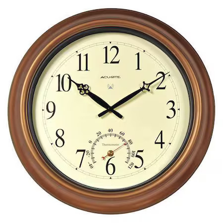 18" Analog Thermometer Wall Clock, Brown, 50314A2
