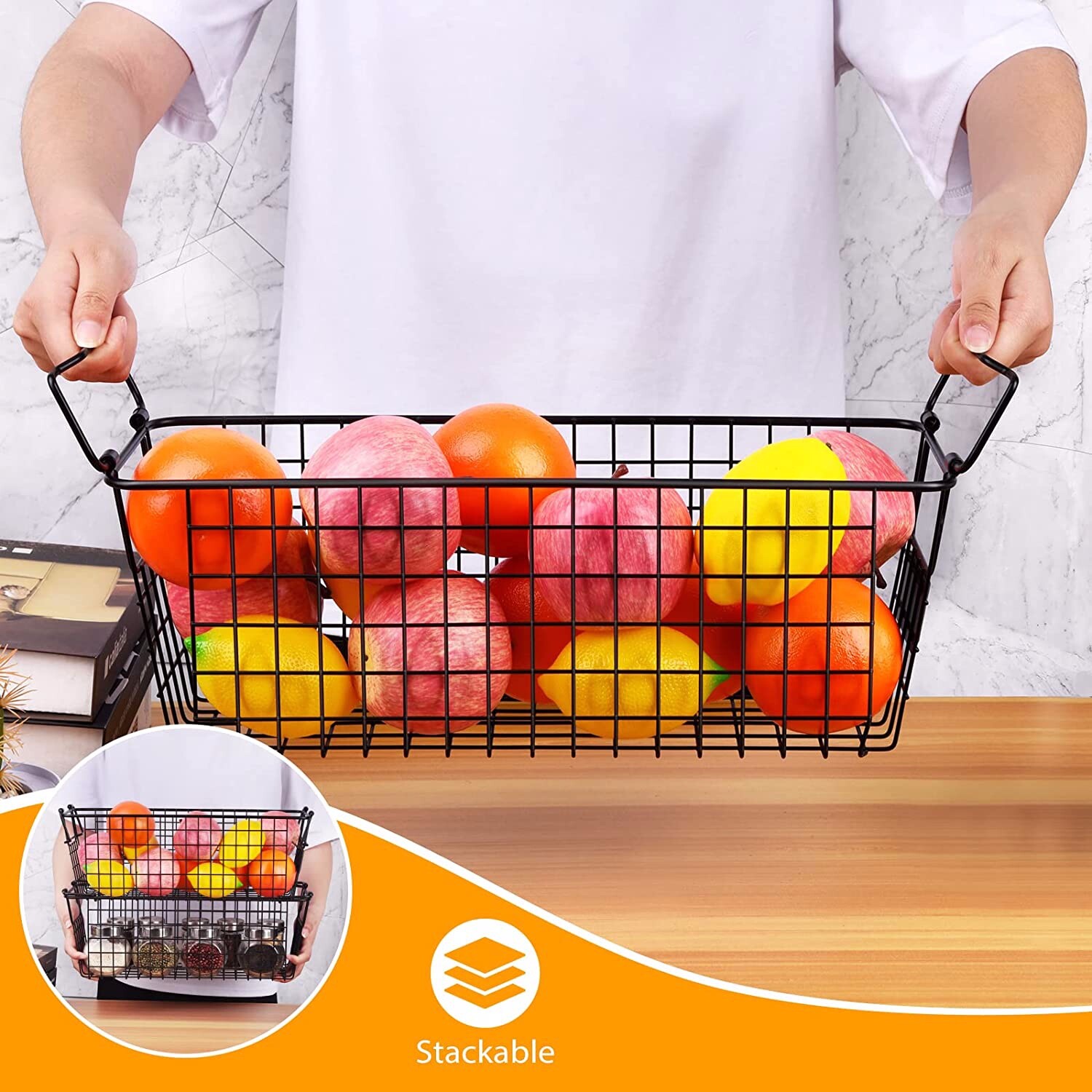 Brand New -- Stackable Wire Basket Storage Shelf Organizer with Handles 4 pack