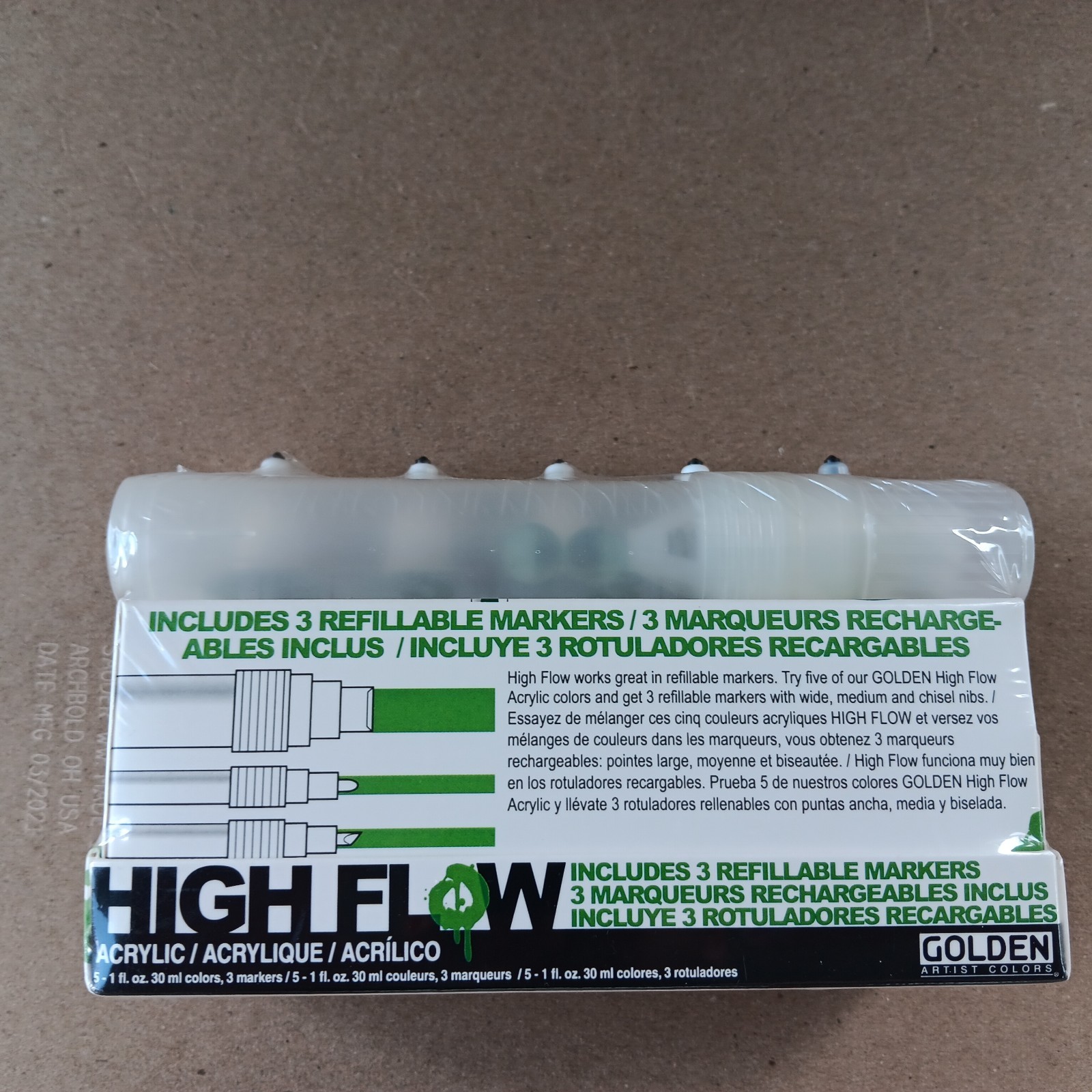 GOLDEN ACRYLIC SET HIGH FLOW 5 COLORS & 3 REFILLABLE MARKERS