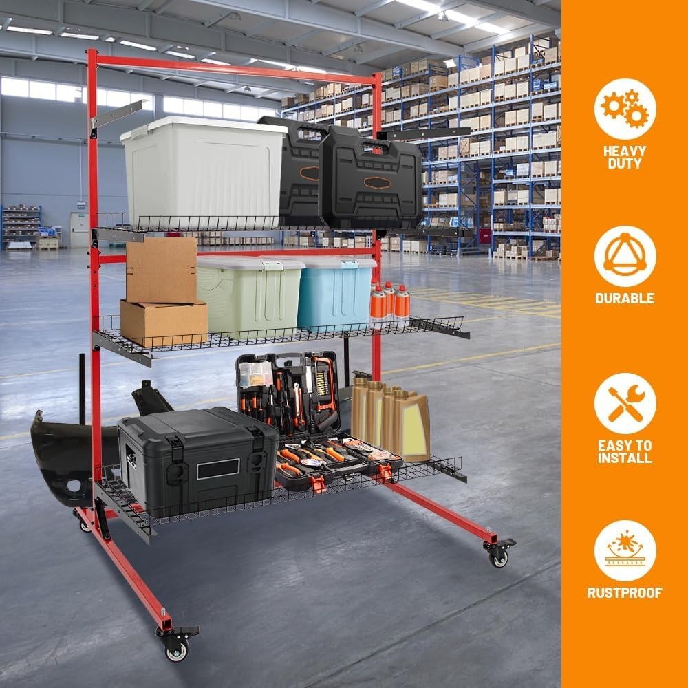 Parts Management Storage Cart 3 Shelves Auto Body Rolling Parts Rack with Wheels