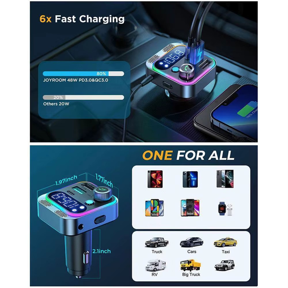 Bluetooth 5.3 FM Transmitter for Car Stronger Dual Mics Deep Bass Sound 48W PD&