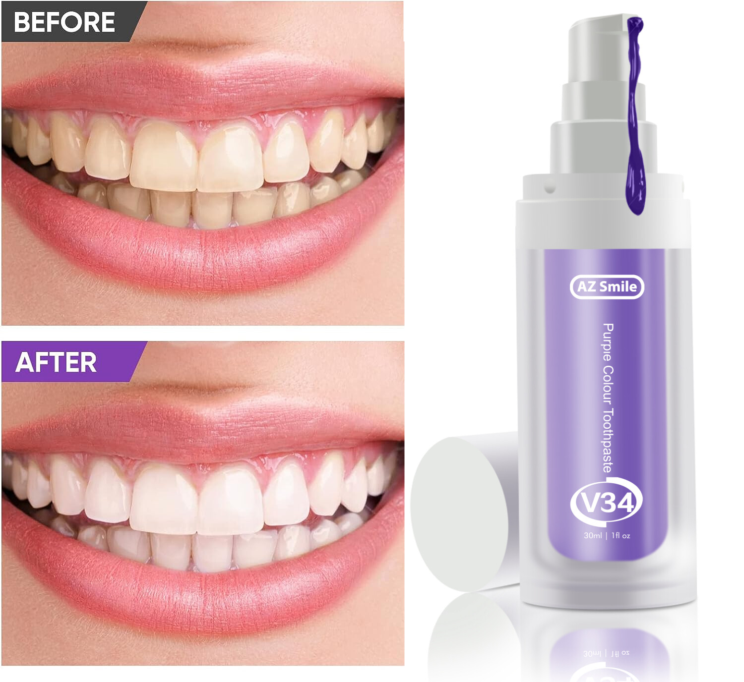 2PC AZSmile V34 Colour Corrector Purple Teeth Whitening Toothpaste Serum PAP
