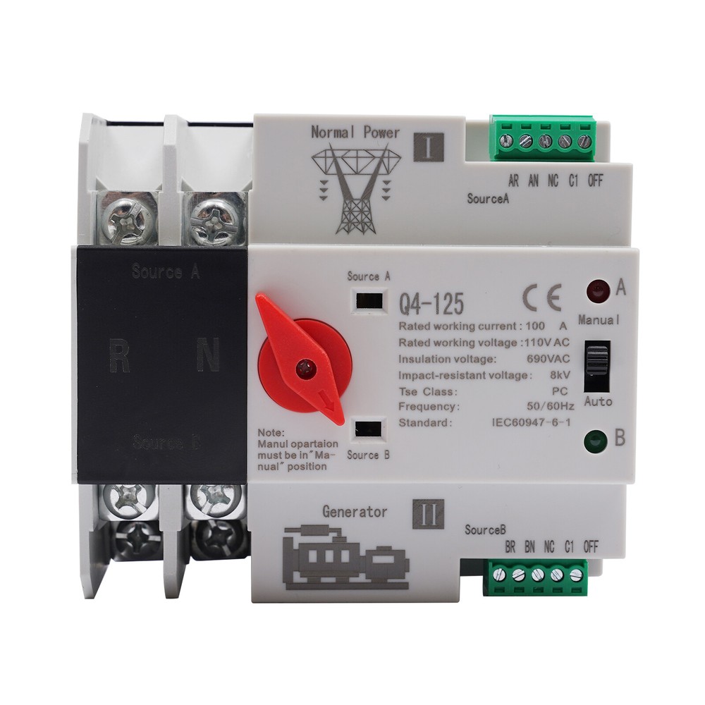 Dual Power Transfer Switch Generator Changeover Switch Automatic 110V 2P 100A US