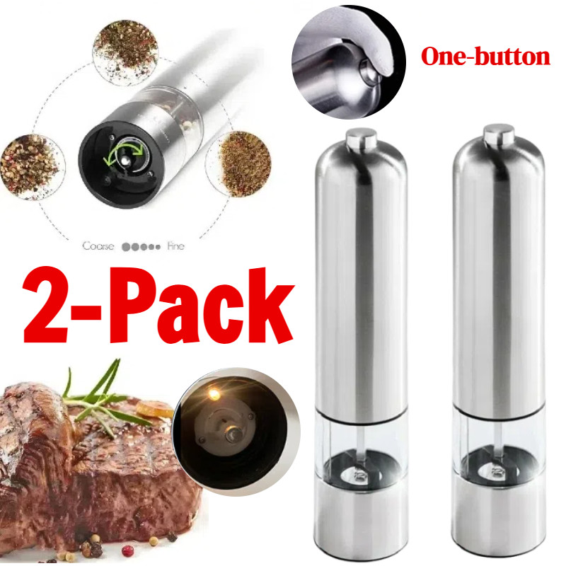 Adjustable Electric Salt Pepper Grinder Mill Shakers Set Stainless Steel (2PACK)