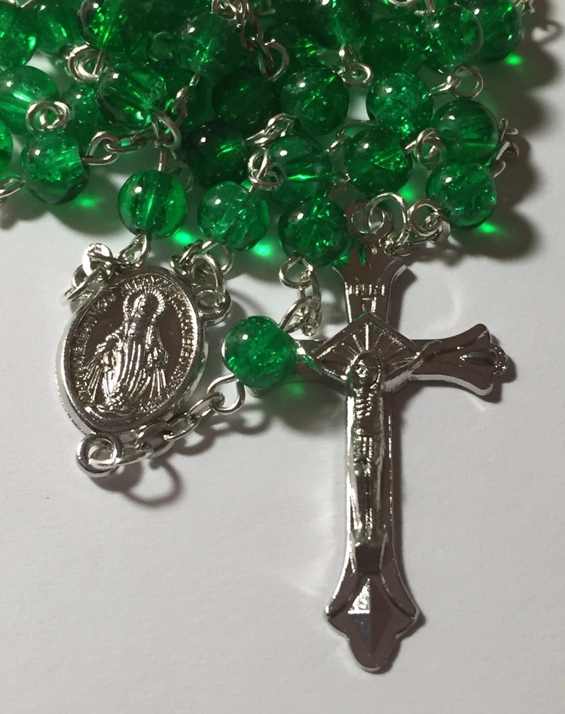 Green 6mm Crackle Glass Prayer Catholic Rosary Beads