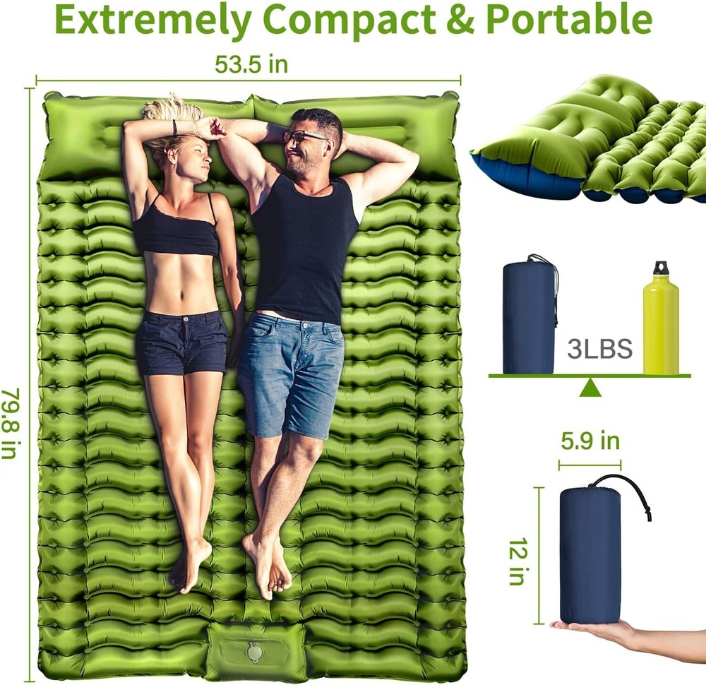 Double Sleeping Pad - Self Inflating 4" Thick w/Pillow Pump Camping Mat Pro