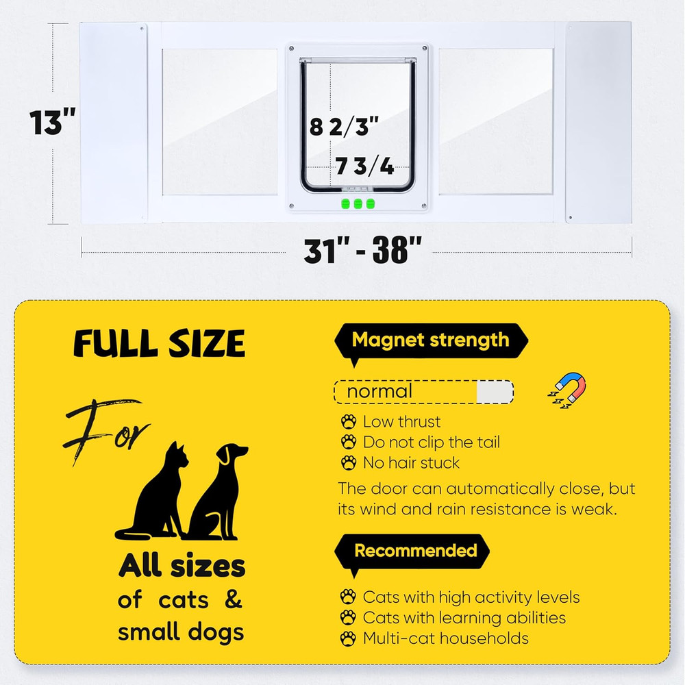 【Solid Wood】 Cat Door for Window,Fit Width 31"-38" Window,3-Min Install,Solid Wo