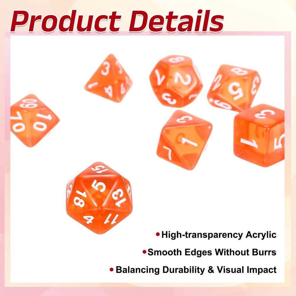 7pcs Polyhedral Dice Set for Role Playing Games, Transparent Orange