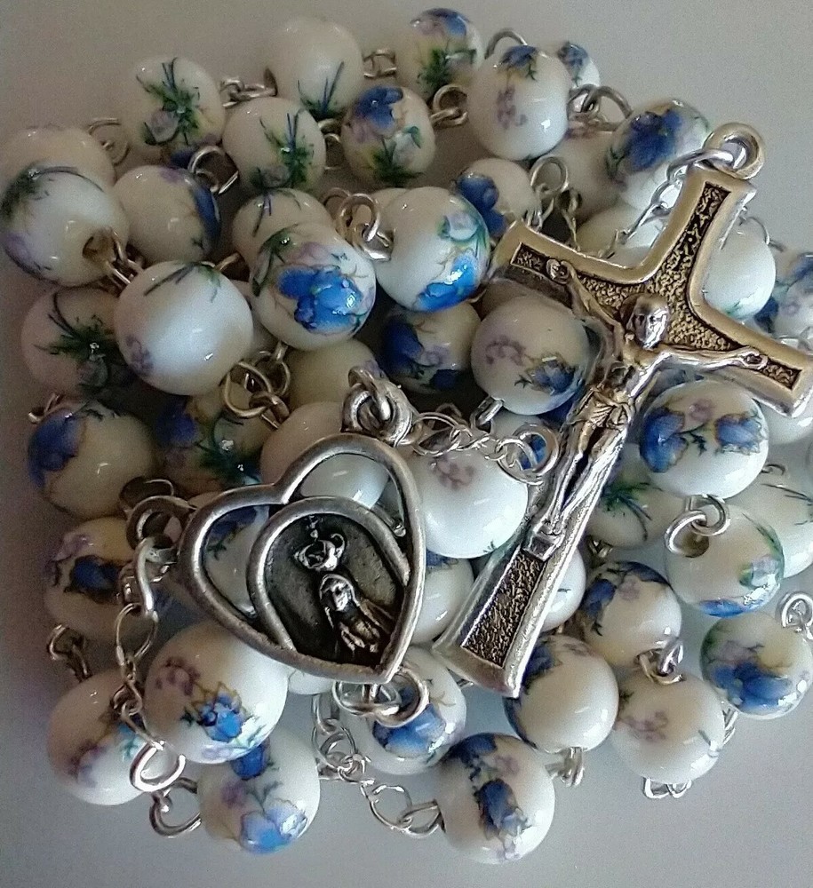Catholic Ceramic White Blue Floral Rosary