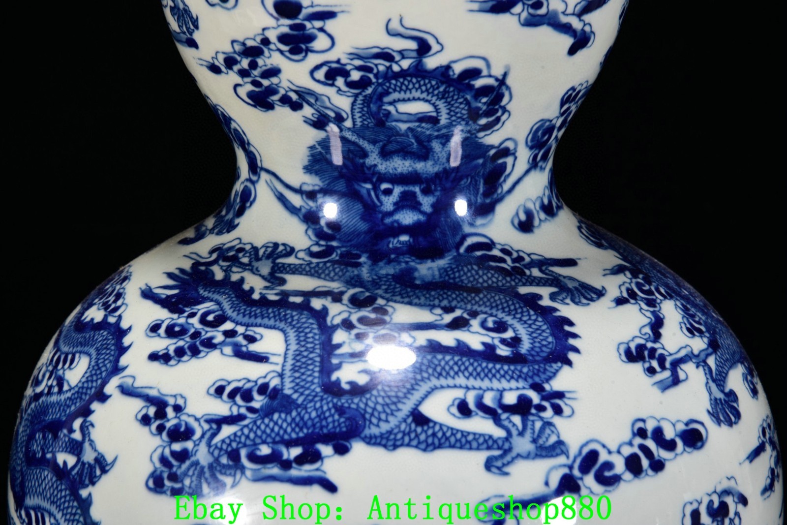 16.5''Yongzheng Blue White Porcelain Gold Dragon Beast Gourd Bottle Vase Pair