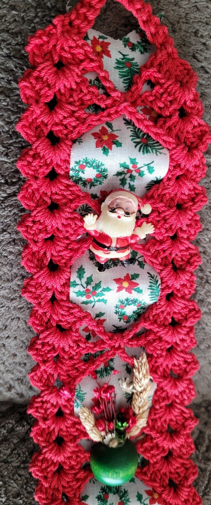 Vintage Macrame Christmas Wall Hanging Red Vertical Bell Pull MCM 70's