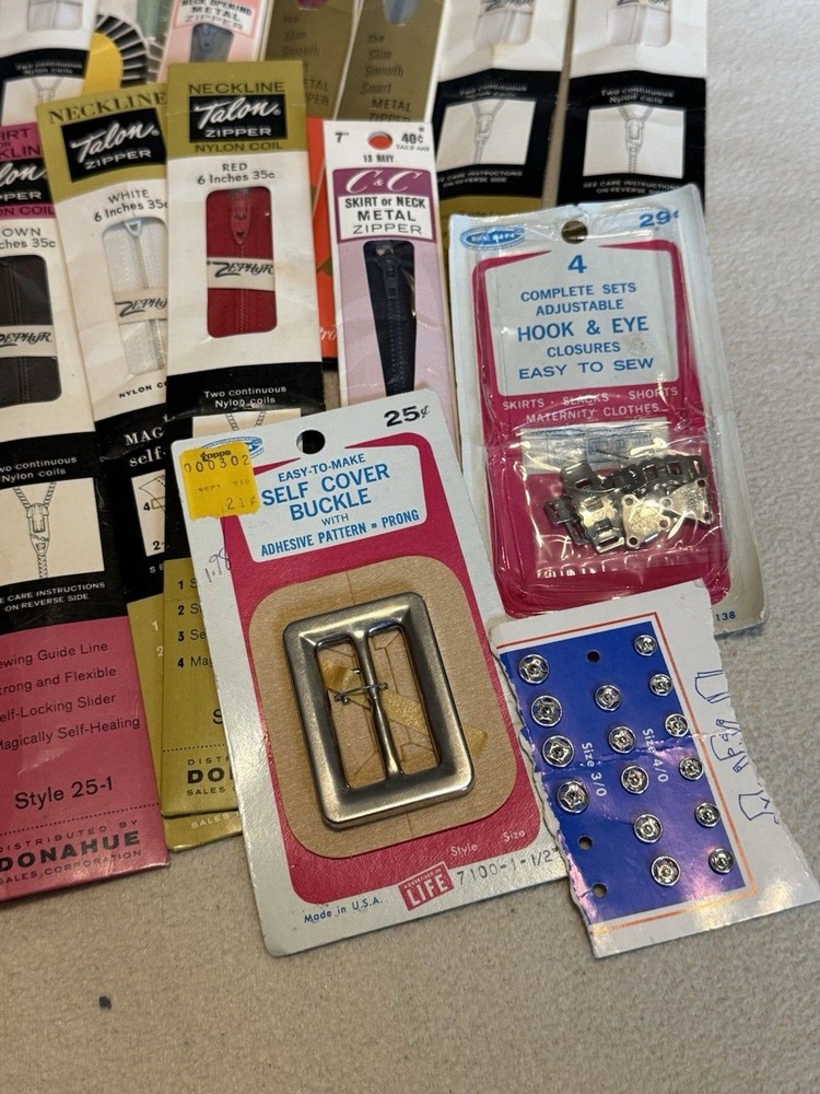 Vintage Sewing Items Zippers Hook & Eye Snaps