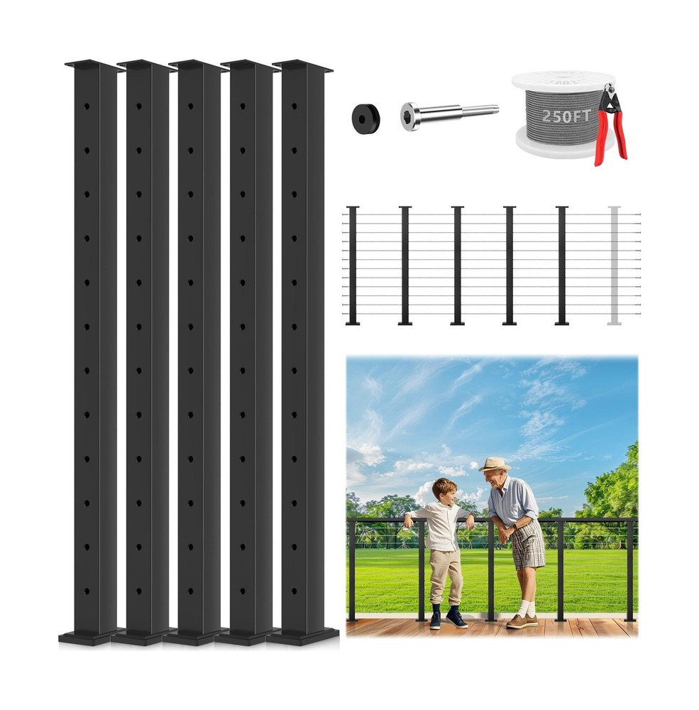 42" One-Stop Cable Railing Post Kits, 5 Pack Fixed Top Level Drilled Line Pos...