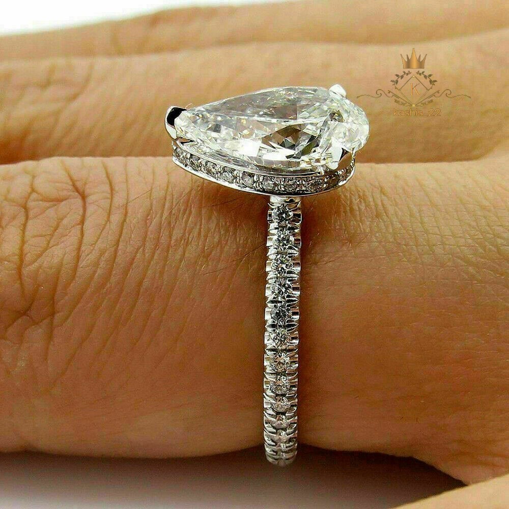2.90 Carat Pear Cut Moissanite Hidden Halo Engagement Ring Solid 14K White Gold