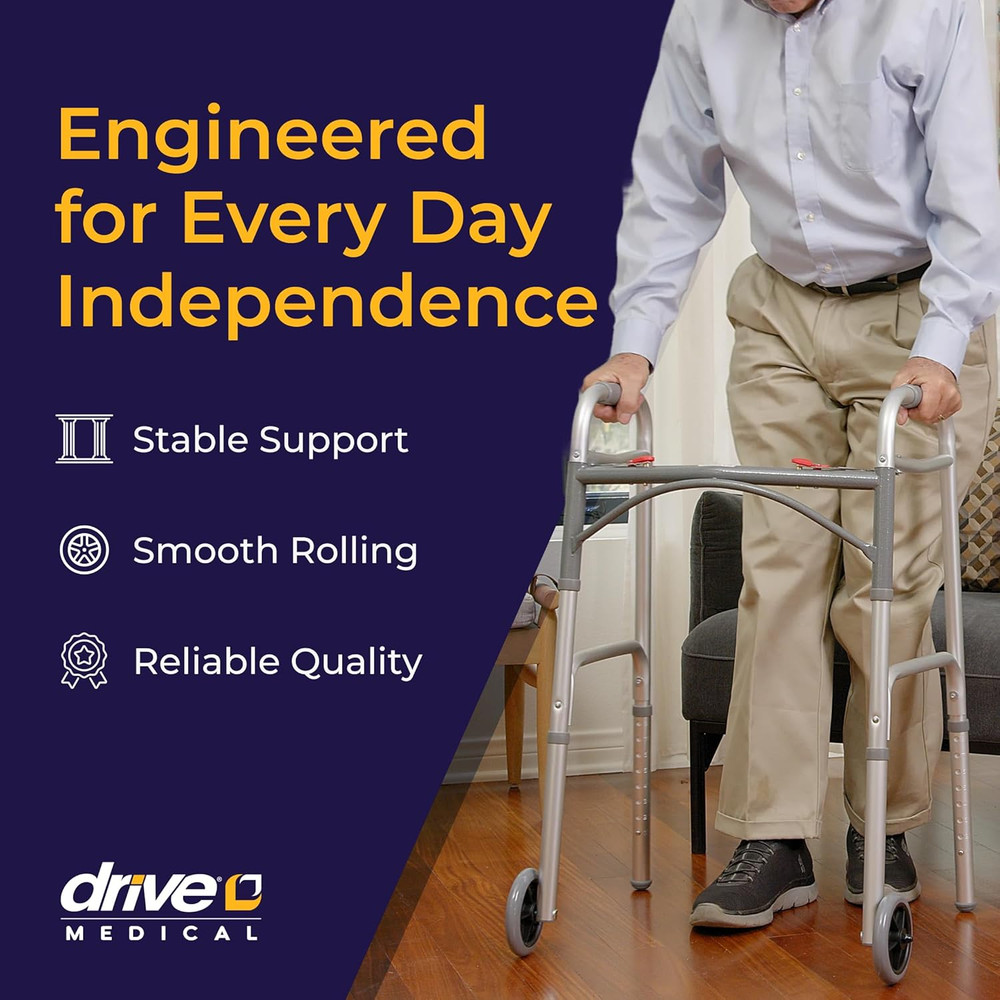 Two-Button Folding Walker with Wheels - Lightweight Rolling Mobility Support - A