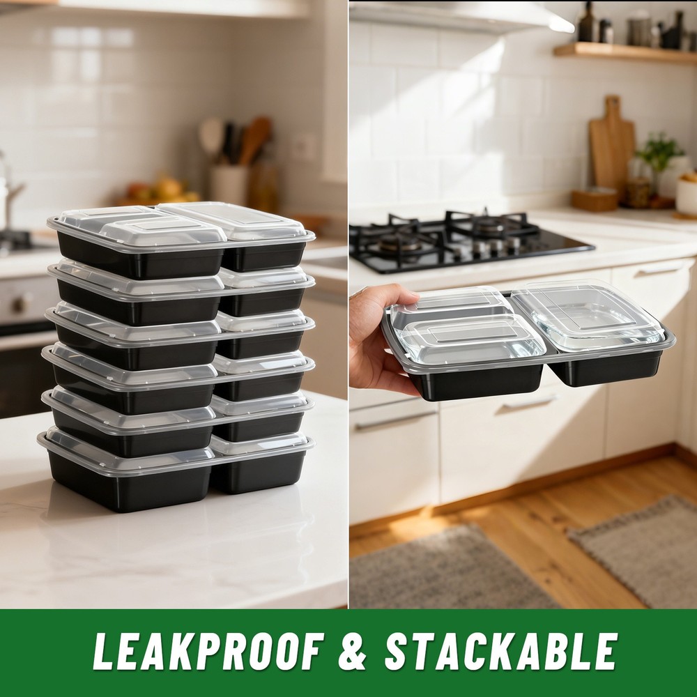 50Packs 39oz 3-Compartment Containers Leakproof Stackable Takeout/Picnic