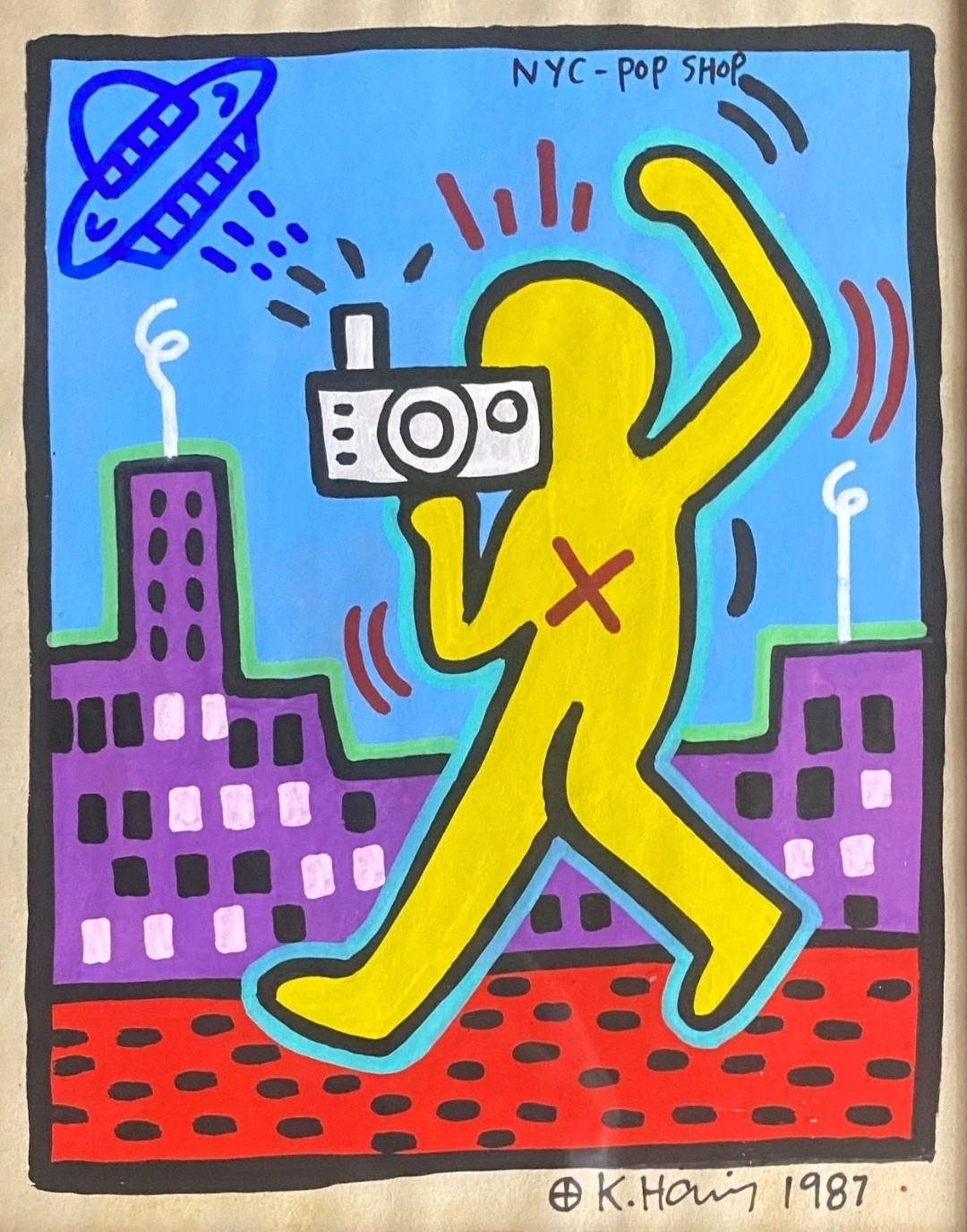 Keith Haring Drawing on Vintage Unique Paper SIGNED NYC