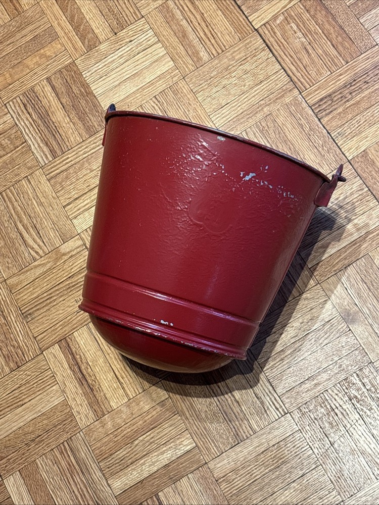 Vintage Red Galvanized Metal Fire Bucket w/ Rounded Bottom