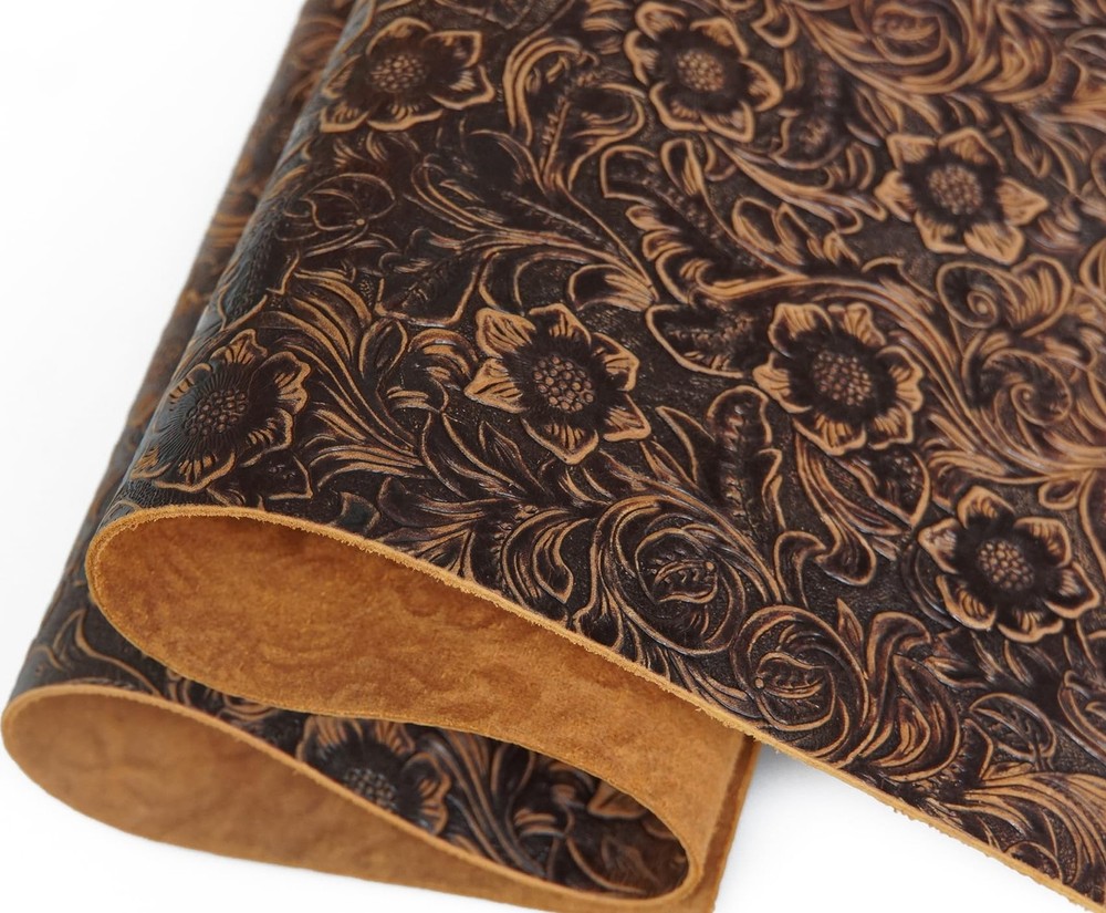 Genuine Leather Sheet Plain Geometric Pattern Printed Leather Dark Brown 12"x24"
