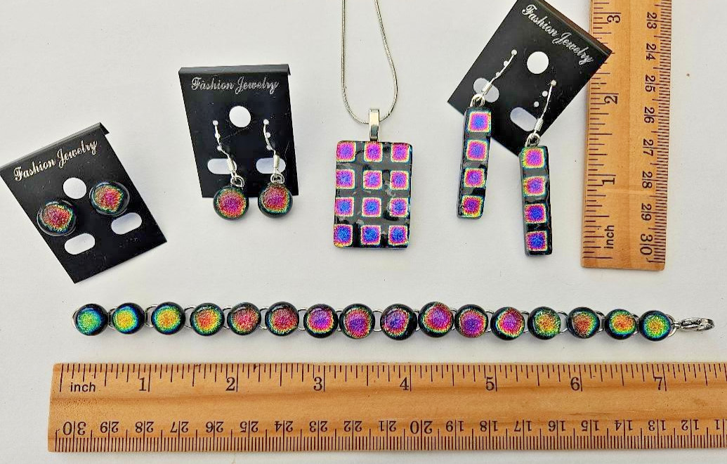 Handcrafted Fused Dichroic Glass Pendant, Earrings X 3, Bracelet Set