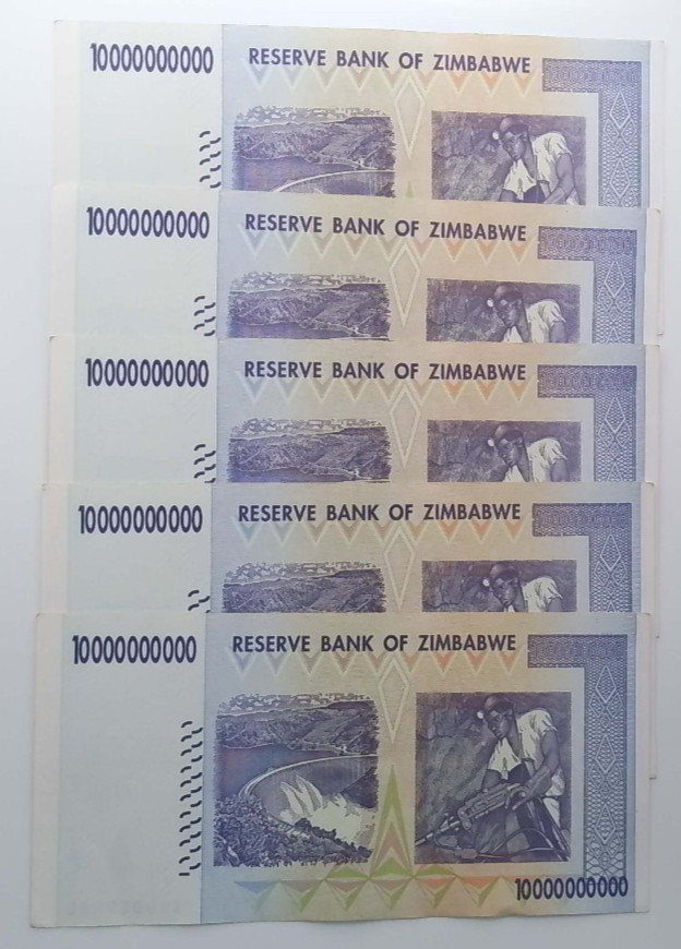 5x Zimbabwe 10 Billion Dollar Banknotes 2008 Hyperinflation