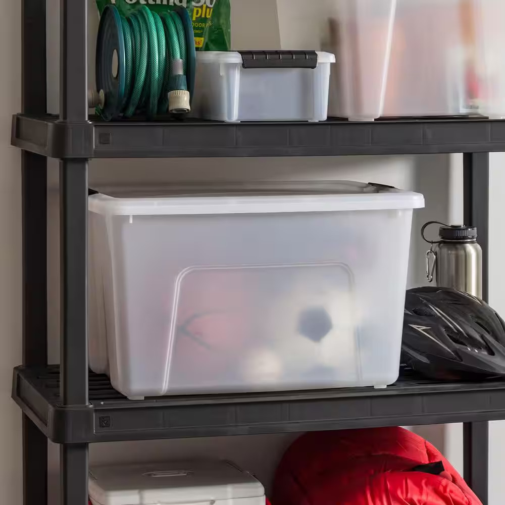 53 Qt./13.25 Gal. Stackable Nesting Storage Tote with Black Latching Clips, Whit