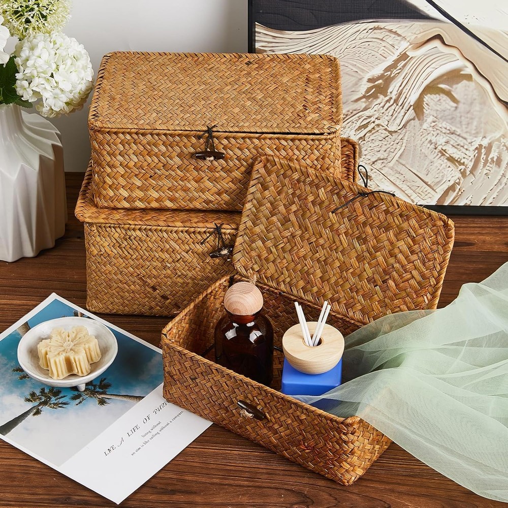 3pcs Handcrafted Storage Boxes Natural Seagrass Rectangular Basket Organizer Set