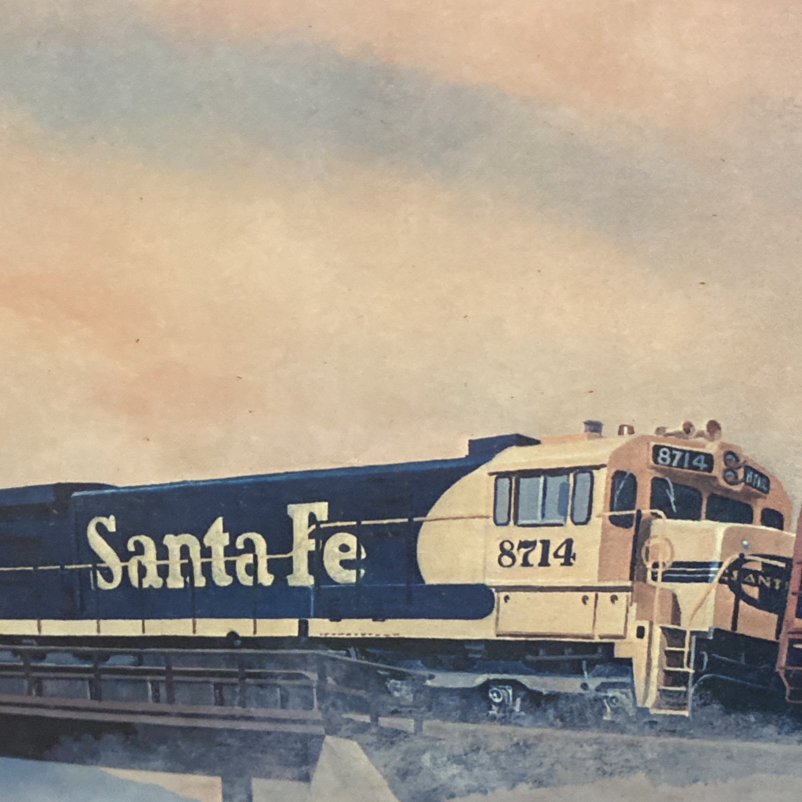 VINTAGE SANTA FE TRAINS ADVERTISEMENT LARGE FRAMED PRINT FOGG 41”x31”