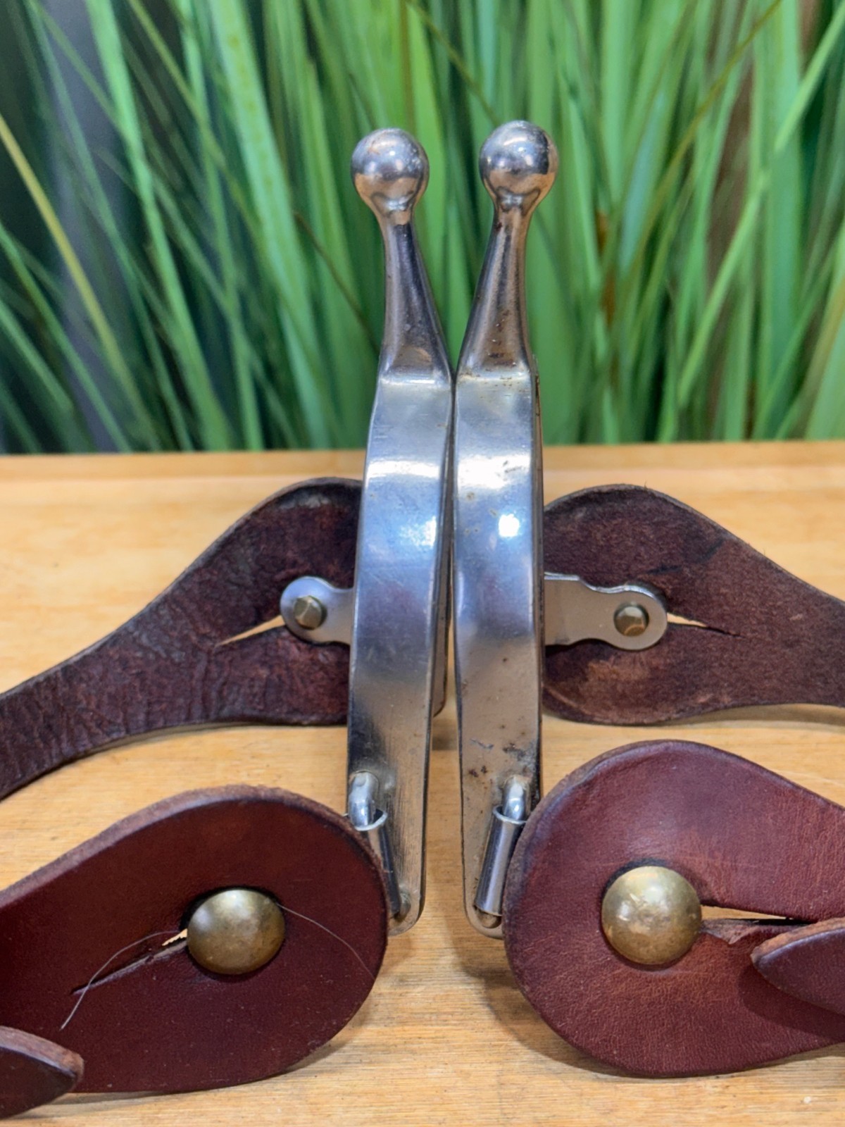 Stainless Steel BALL END Western Spurs w Leather Straps