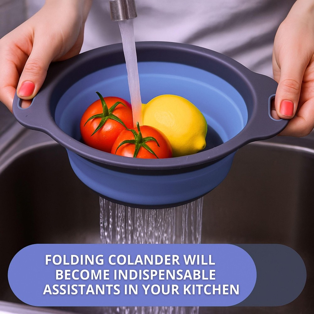 Blue Round Silicone Collapsible Kitchen Colander Plastic Handle Strainer