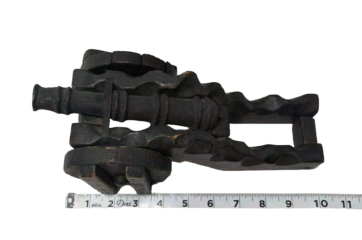 Set 2 Antique Cast Iron Wood Model Miniature Field Gun 10" Cannon On Wheels Toy