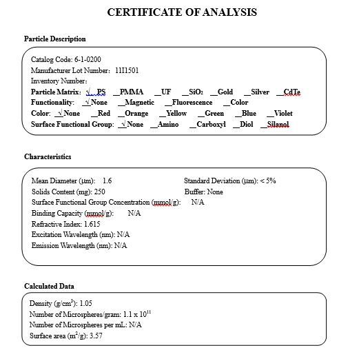 1.5 Micron Monodispersed Polystyrene Particles/Microspheres/Beads, Latex, PS