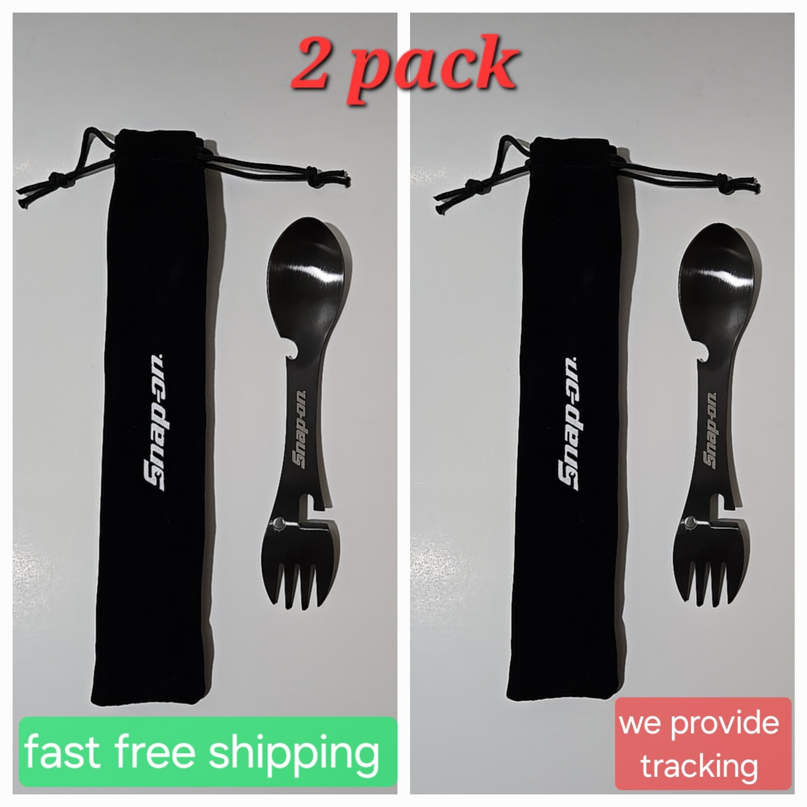 2 pack Snap On Tools PROMO Stainless Spoon Fork Opener Camping Spork+Pouch NEW!!
