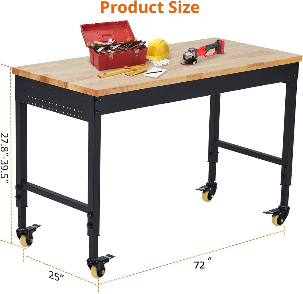 Workbench 72" x 25" Adjustable Height Worktable w/Power Outlets&Wheels 2000 Lbs