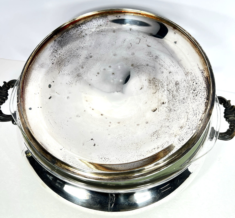 VTG Rogers Silverplate Footed Lidded Casserole Dish & 3.5QT Pyrex Glass Insert
