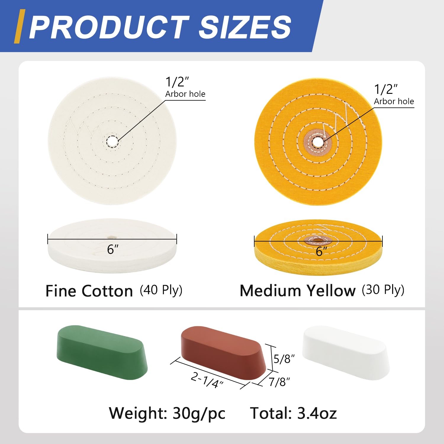 6inch Buffing Polishing Wheels 1/2" Arbor Hole,Fine (40Ply) / Medium (30Ply) ...