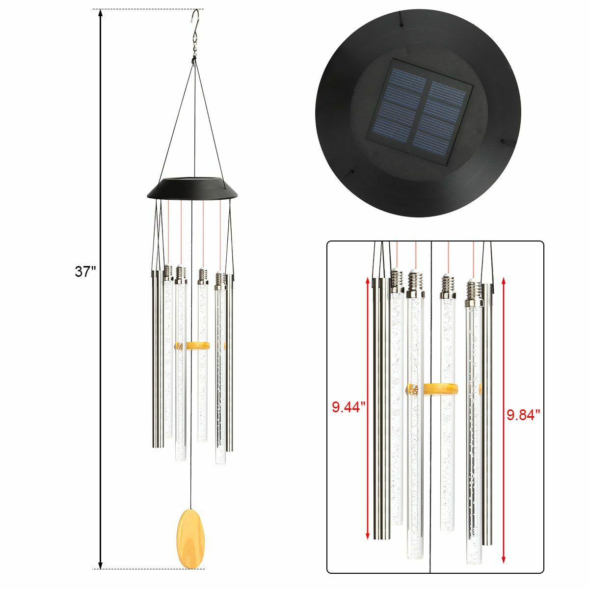 Solar Wind Chimes Color Changing LED Lights Large Deep Tone Resonant Bell Tubes