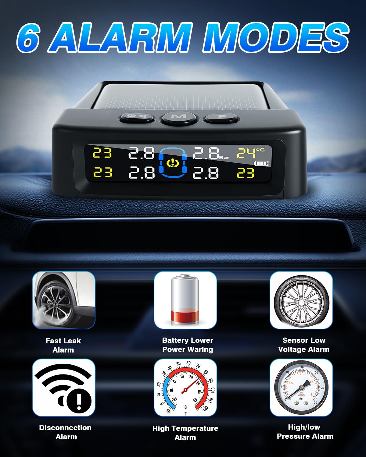 Wireless Solar TPMS LCD Car Tire Pressure Monitoring System + 4 External Sensors