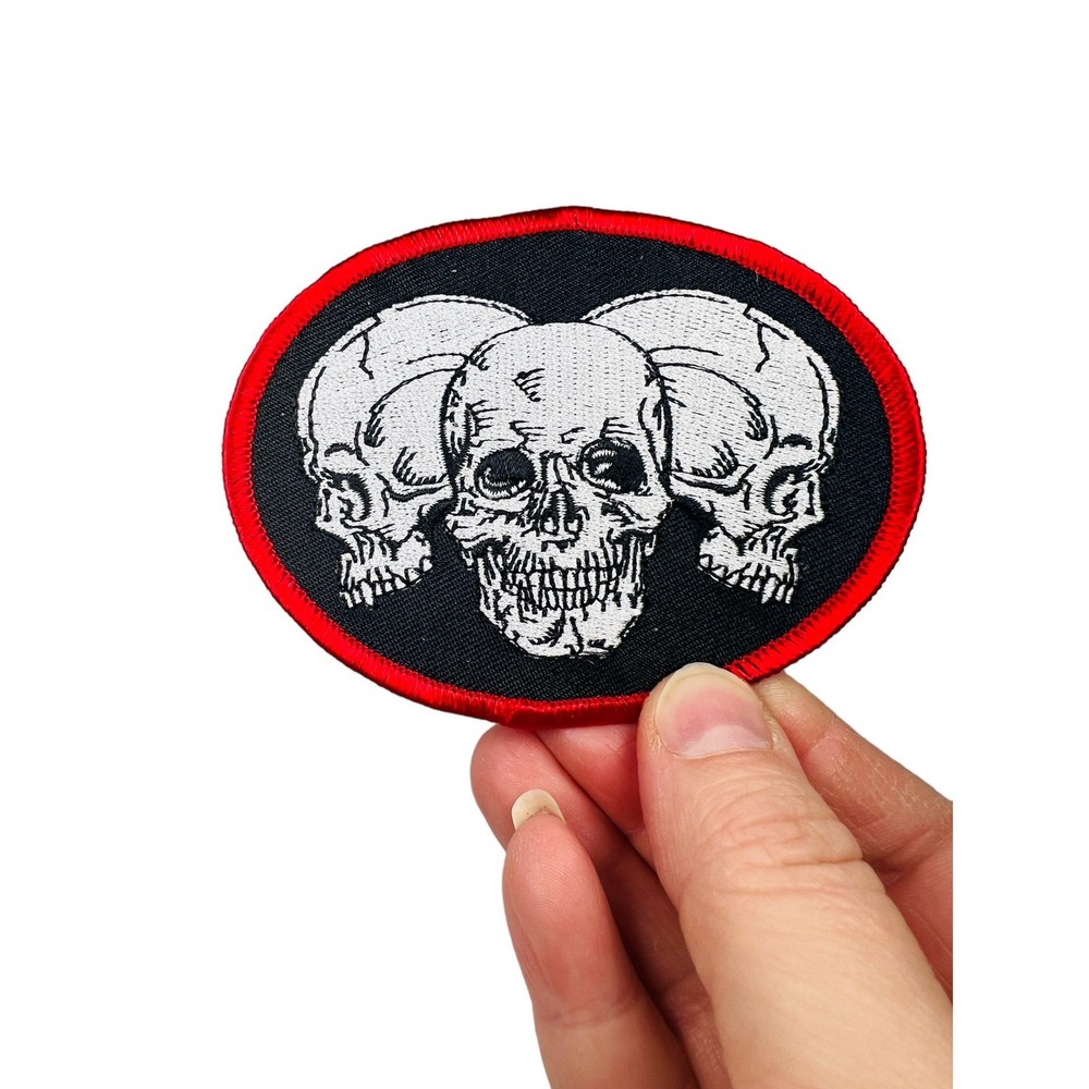 Three Skulls Oval Embordered Iron On Biker Patch