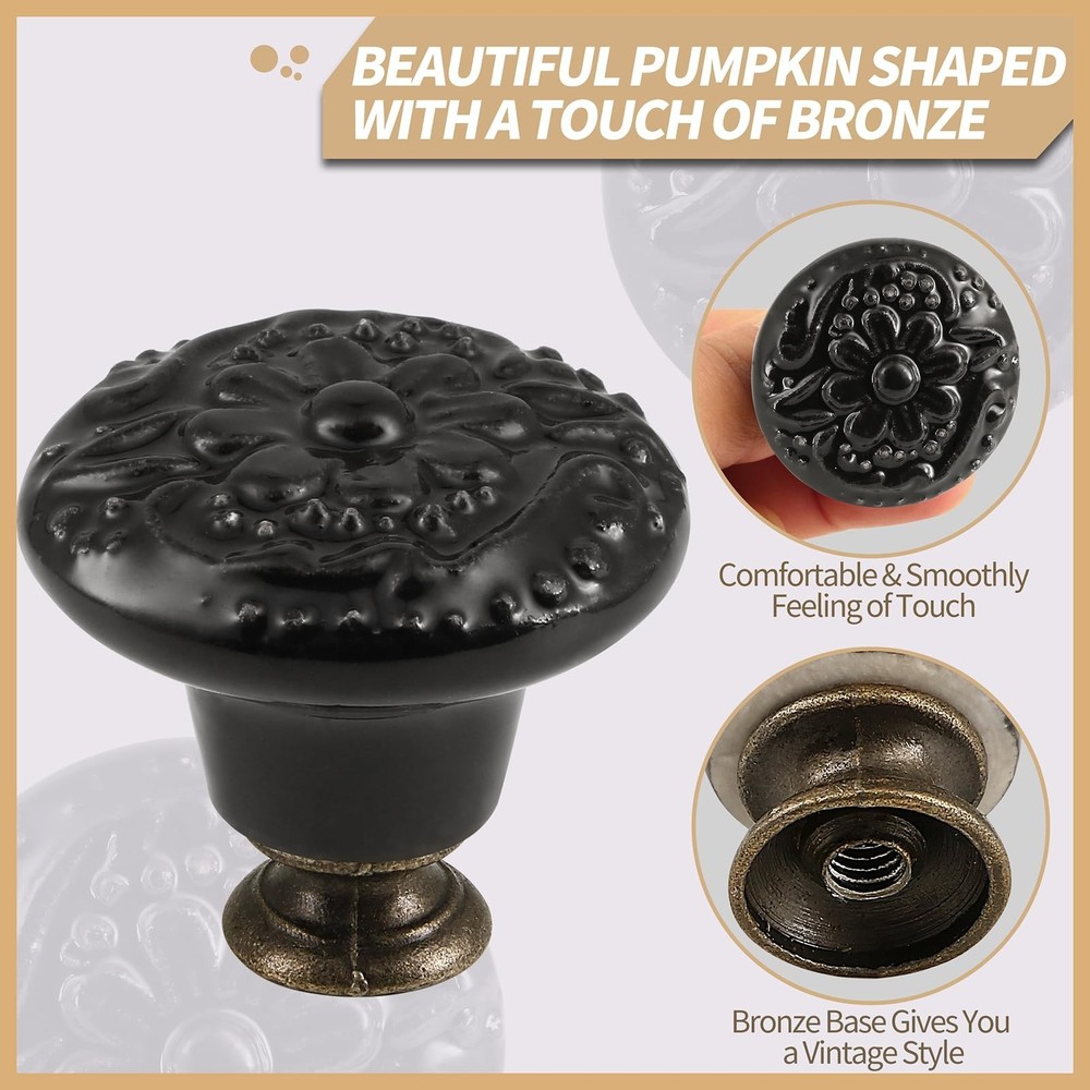 Black Ceramic Knobs 20 Pack Flower Drawer Pulls Vintage Cabinet Knobs - Antiq...