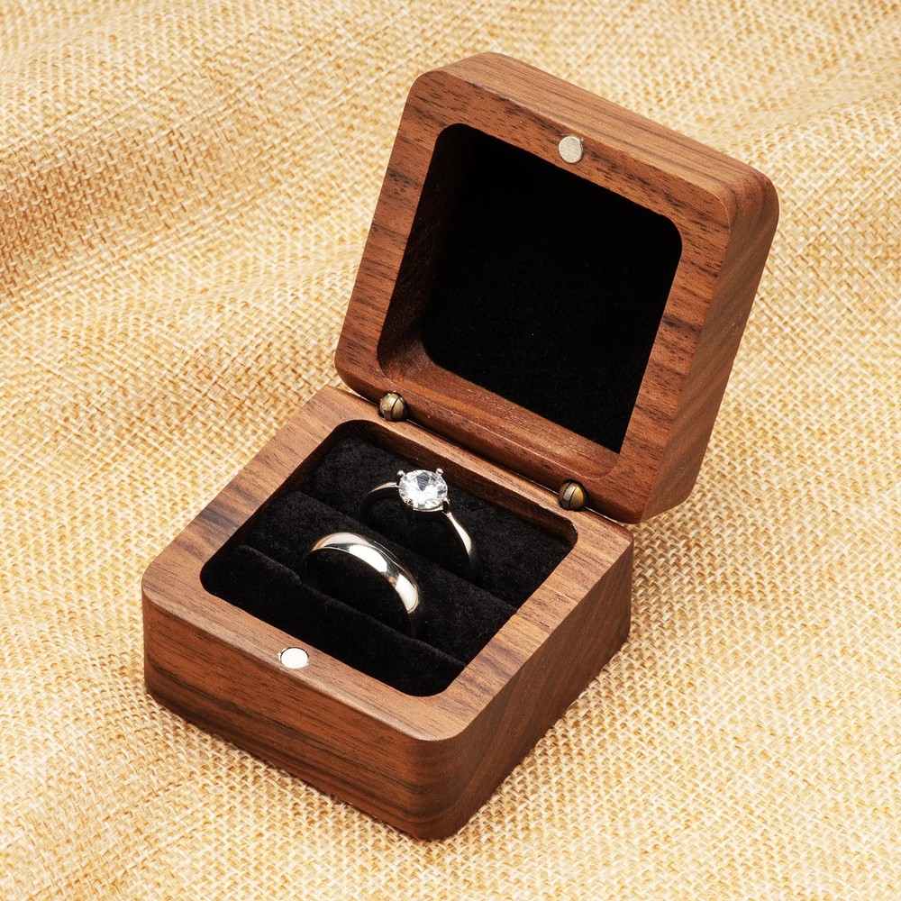COSISO Square Solid Wood Double Ring Box Case for Wedding Small, Black Inner