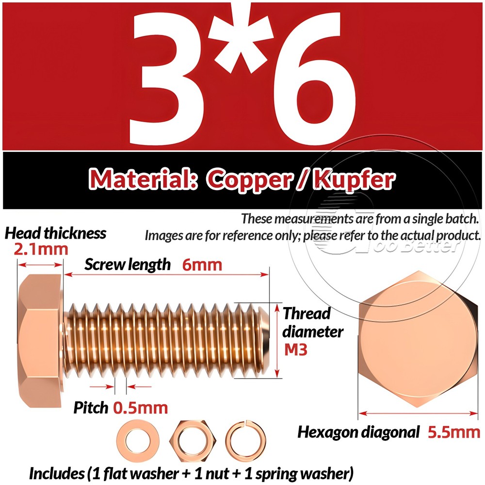 SOLID COPPER SET SCREWS HEXAGON HEAD FULLY THREADED BOLTS WITH FLAT WASHER & NUT