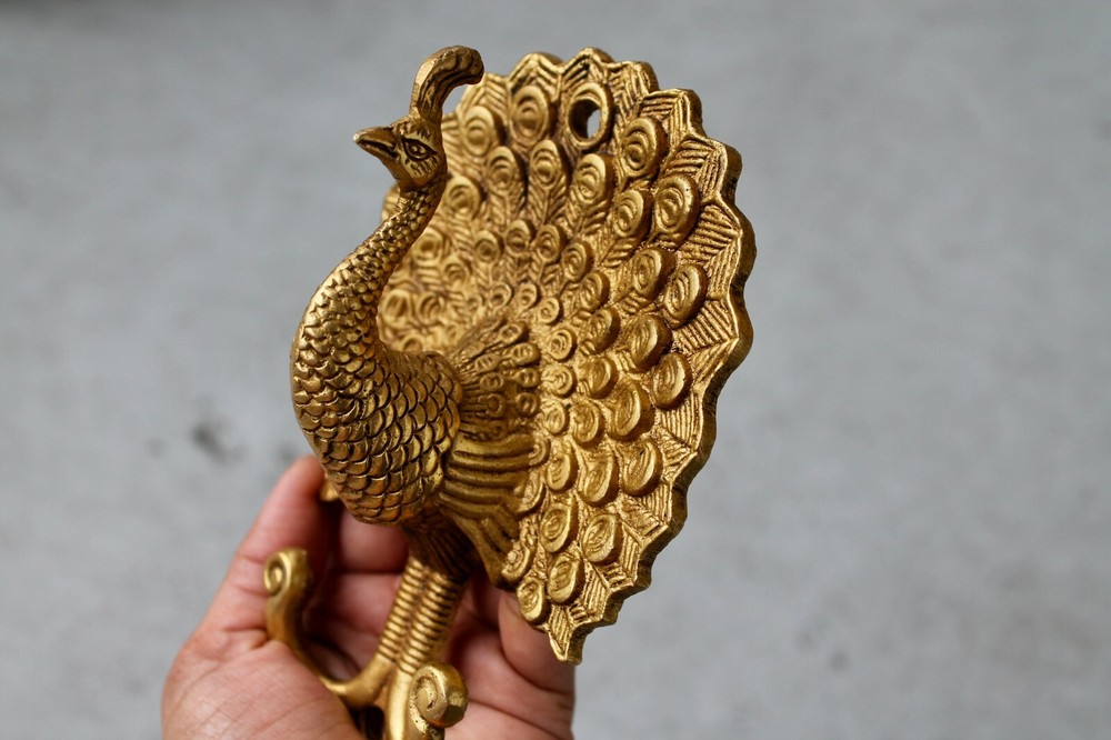 Antique Solid Brass Peacock coat hook rustic VTG bronze hook mid century modern